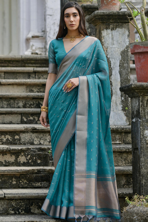 Teal Blue Kora Silk Woven Zari Broad Border Saree 