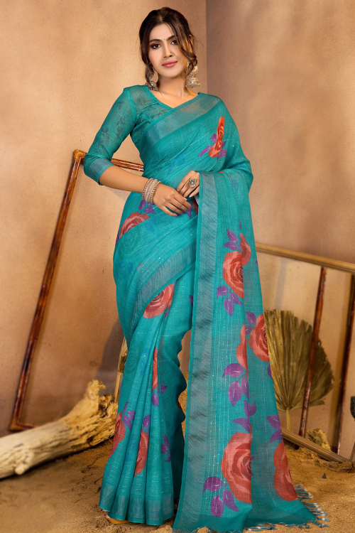Teal Blue Linen Saree With Printed Work For Festival
