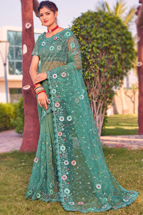 Teal Blue Net Dori Embroidered Saree