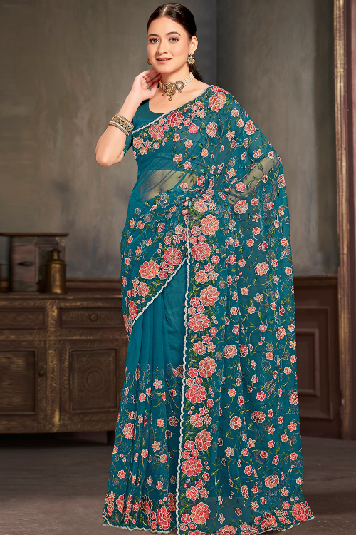 Teal Blue Net Embroidered Light Weight Saree 