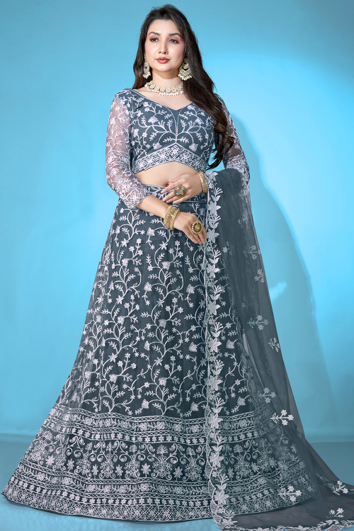 Teal Blue Net Embroidered Panelled Style Lehenga 