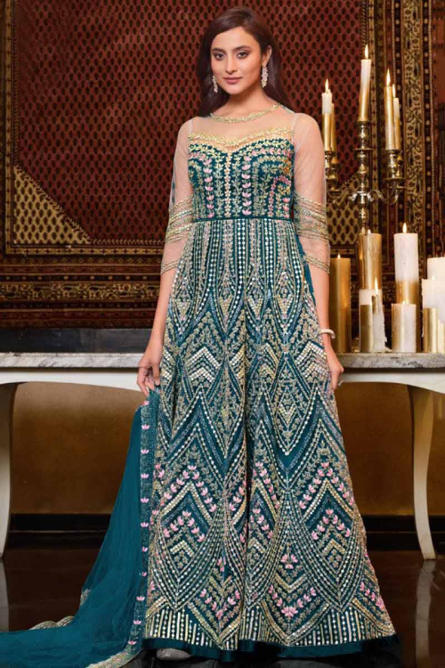 Teal Blue Net Floor Length Anarkali Party Wear Salwar Kameez
