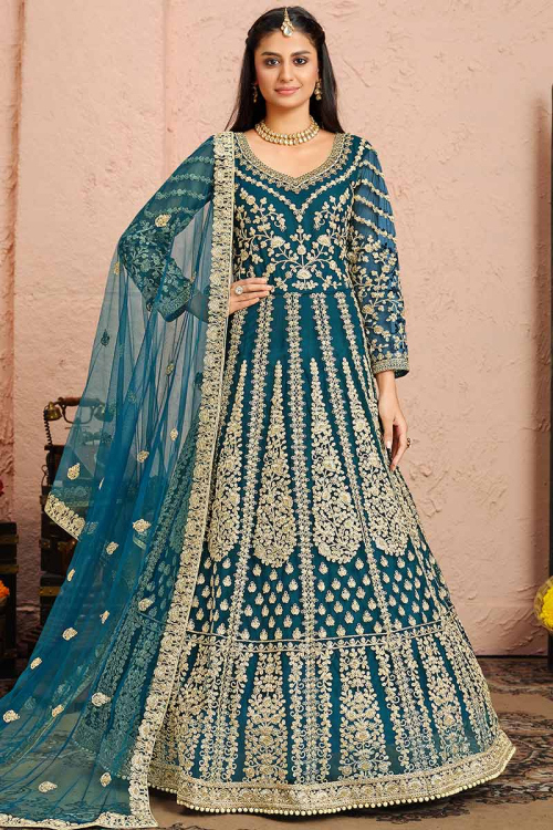 Teal Blue Net Floor Length Wedding Anarkali Salwar Suit