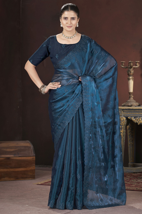 Teal Blue Organza Embroidered Light Weight Saree