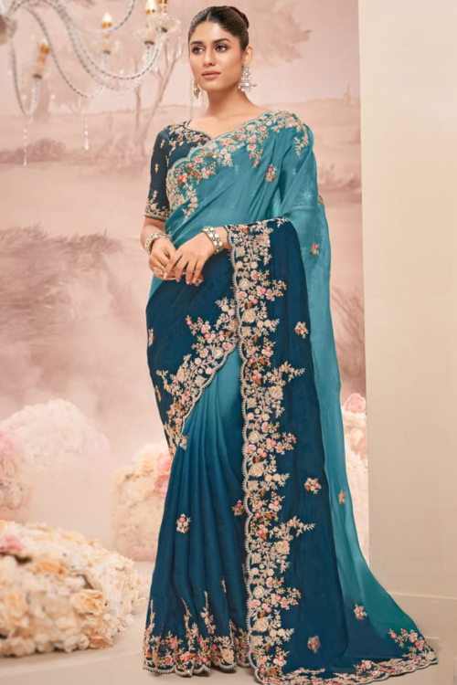 Teal Blue Organza Embroidered Ombre Saree