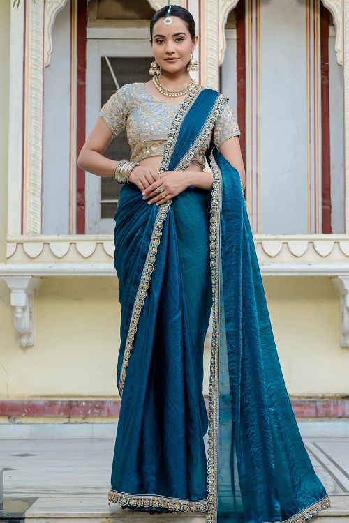 Teal Blue Organza Saree with Sequins Work for Diwali