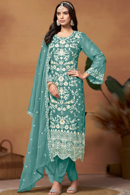 Teal Blue Organza Sequins Embroidered Trouser Suit For Sangeet