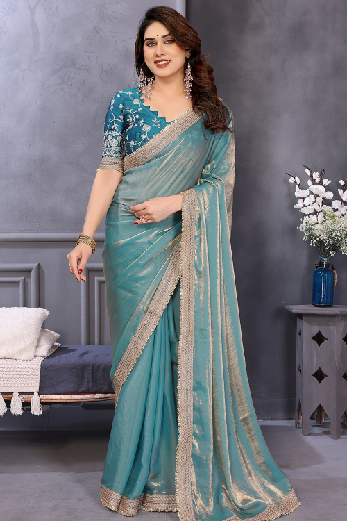 Teal Blue Organza Shimmer Saree For Festival 