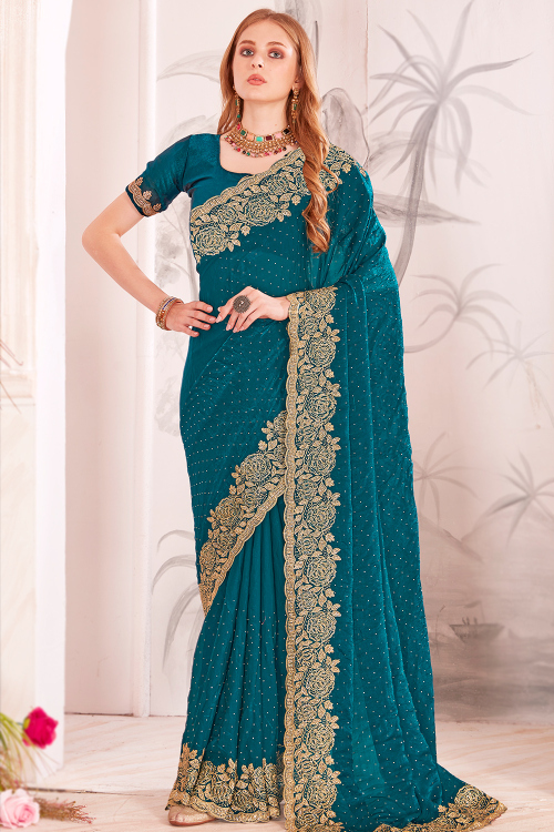 Teal Blue Organza Silk Embroidered Shimmer Saree For Festival