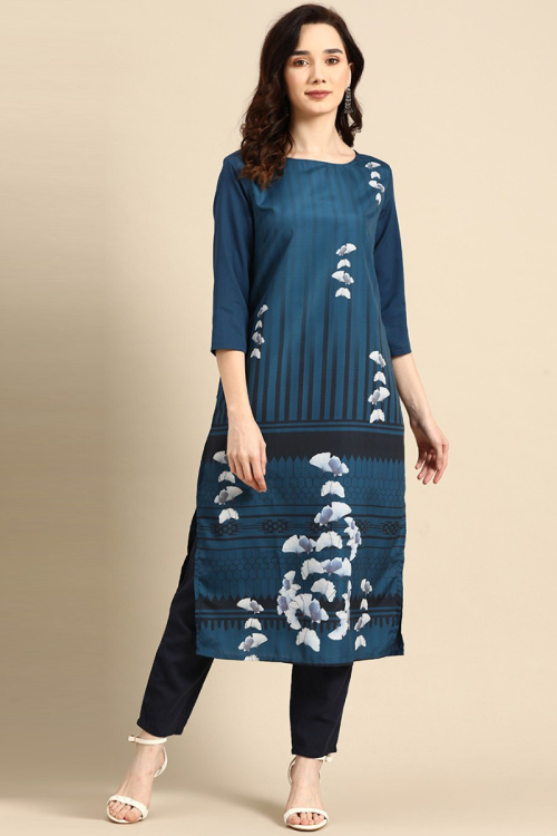 Teal Blue Poly Crepe Printed Kurti