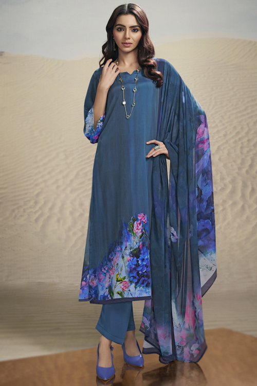 Teal Blue Printed Crepe Straight Cut Suit 