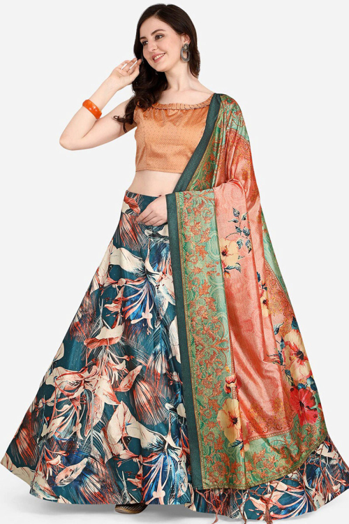 Teal Blue Printed Satin Silk A Line Lehenga
