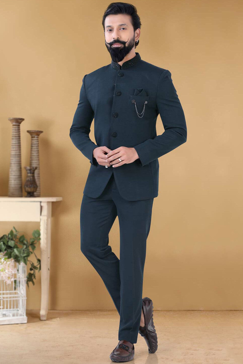 Teal Blue Rayon Embroidered Jodhpuri Style Men's Coat Pant