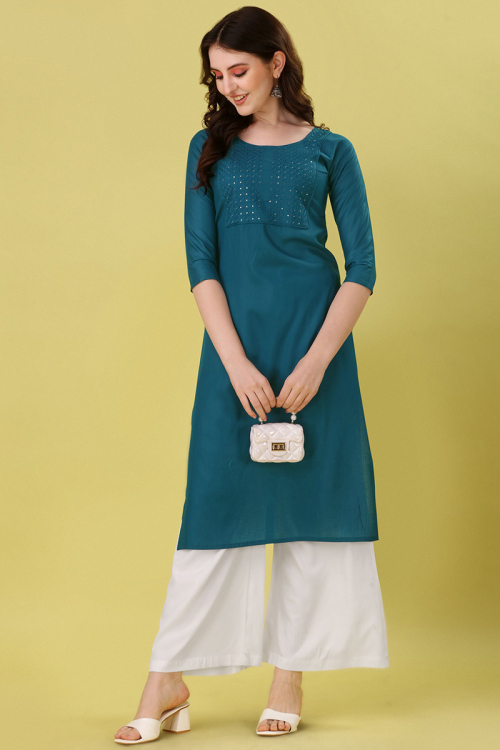 Rayon Kurti with Thread Embroidery in Teal Blue for Party 