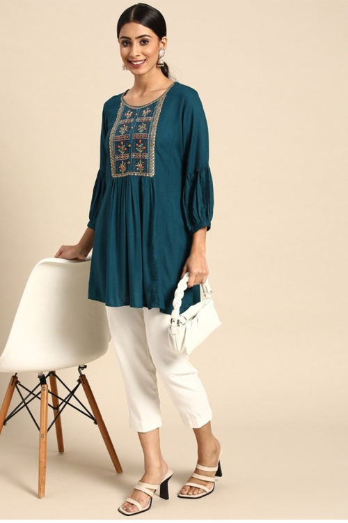 Teal Blue Rayon Embroidered Short Kurti For Casual Wear