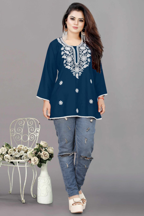 Teal Blue Rayon Resham Embroidered Kurti For Festival 