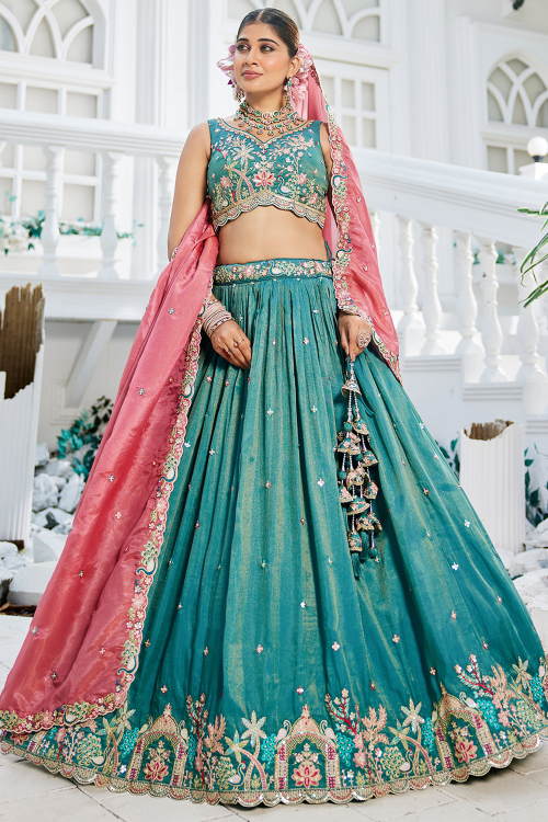 Teal Blue Satin Embroidered Lehenga For Wedding