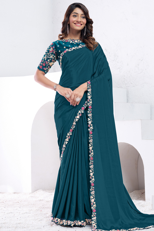 Teal Blue Satin Embroidered Light Weight Saree 