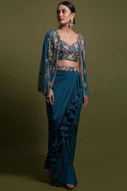 Teal Blue Satin Indo-Western Frill Draped Skirt