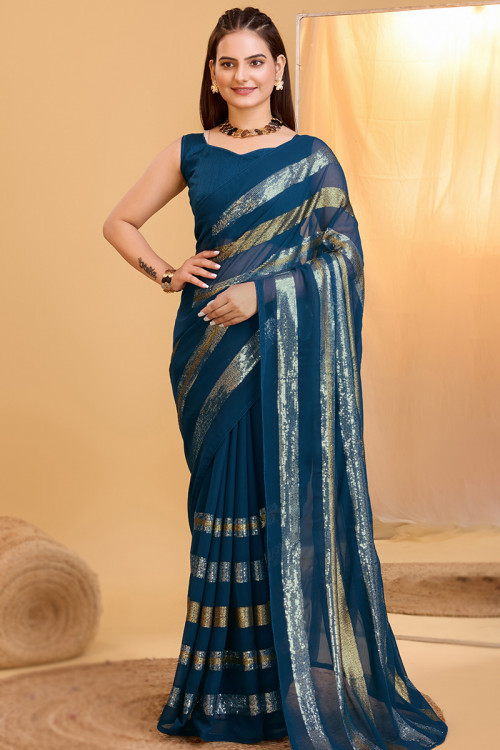 Teal Blue Sequins Embroidered Georgette Party Wear Saree