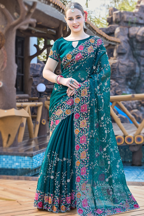 Teal Blue Shimmer Chiffon Embroidered Saree