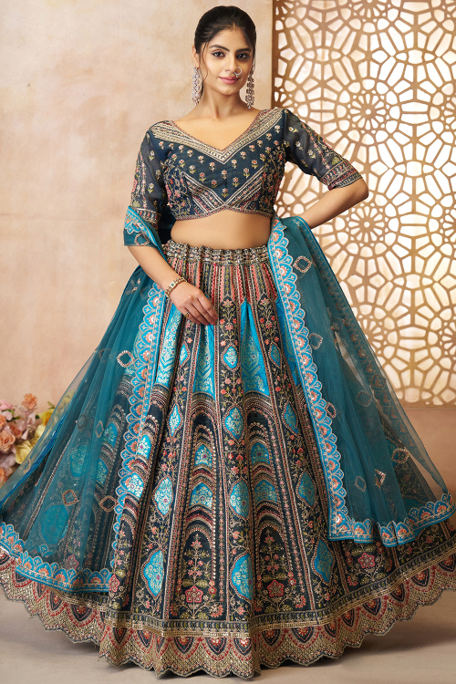 Teal Blue Silk Blend Dori Embroidered Flared Style Lehenga
