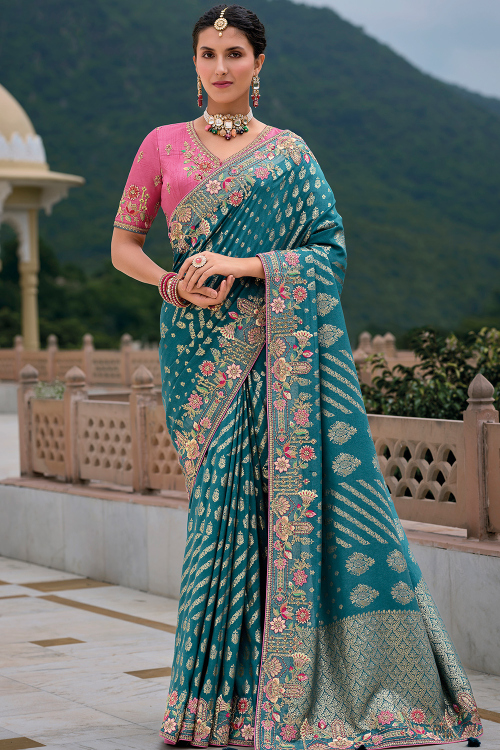 Teal Blue Silk Blend Embroidered Heavy Work Saree