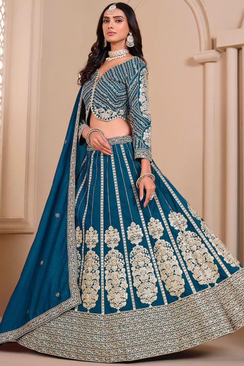 Teal Blue Silk Blend Embroidered Lehenga For Wedding
