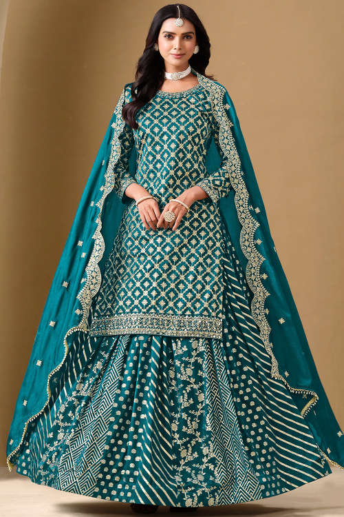 Teal Blue Silk Blend Lehenga with Woven Zari Work for Wedding Wear