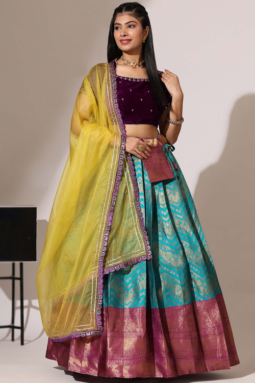 Teal Blue Silk Embroidered A Line Lehenga 
