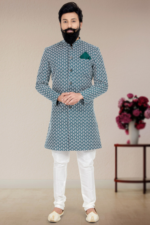 Teal Blue Silk Embroidered Men Sherwani