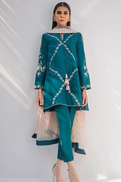 Teal Blue Silk Embroidered Party Wear Pakistani Trouser Suit