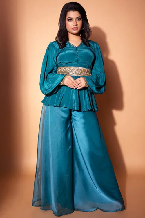 Silk Teal Blue Patch Embroidered Trouser Suit for Wedding 