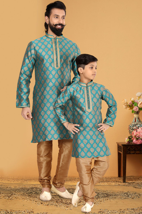 teal blue silk jacquard father son duo kurta with churidar mkpa03035 1
