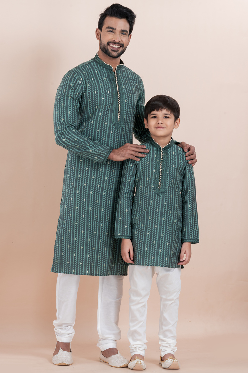 Teal Blue Silk Kurta Pajama Combo for Father &amp; Son Festive Wear
