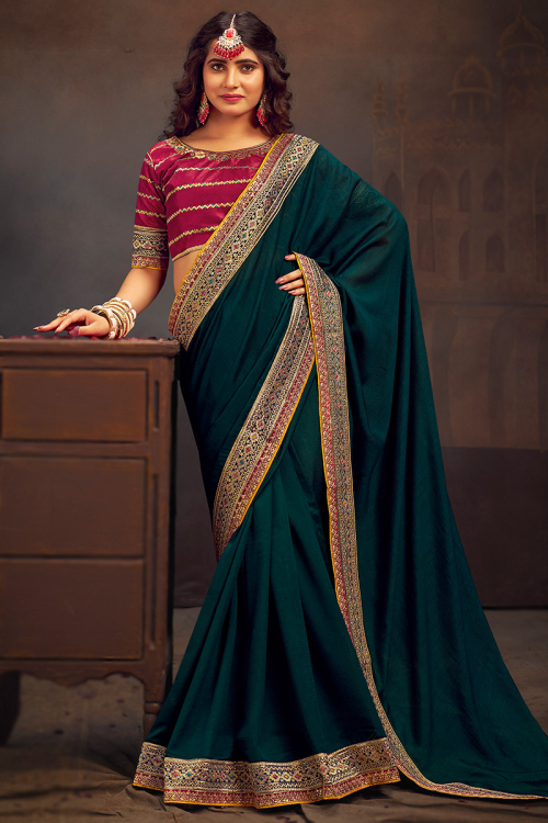 Teal Blue Silk Lace Embroidered Wedding Wear Saree
