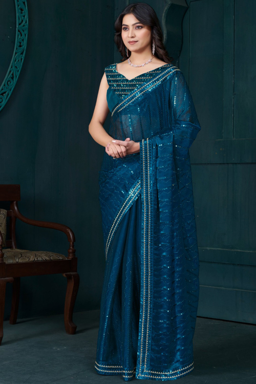 Teal Blue Silk Organza Saree With Sequins Work For Diwali Wear