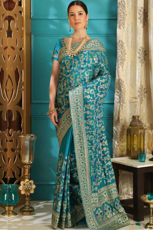 Buy Teal Blue Silk Saree With Silk Blouse Online - SARV01574 | Andaaz ...