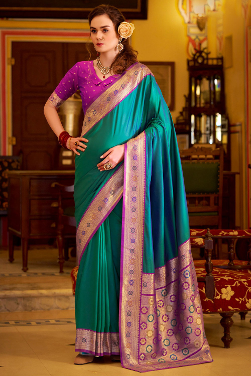 Teal Blue Silk Soft Silk Broad Border Saree With Weaved Work