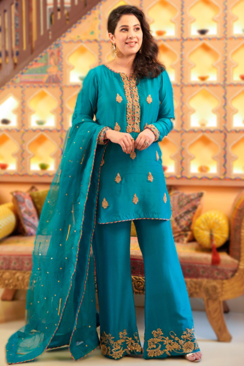 Teal Blue Silk Straight Cut Pakistani Trouser Salwar Suit