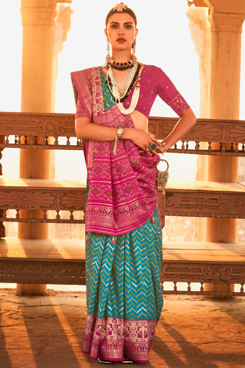 Teal Blue Silk Weaved Thread and Zari Patola Saree