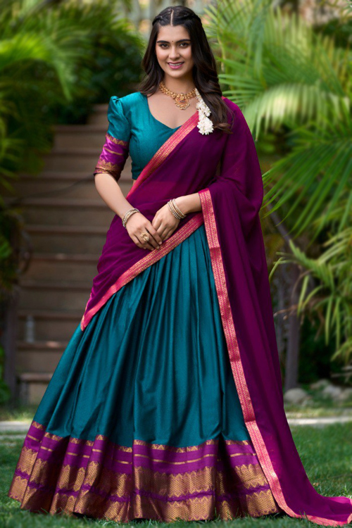 Teal Blue Silk Woven Zari Flared Style Lehenga 