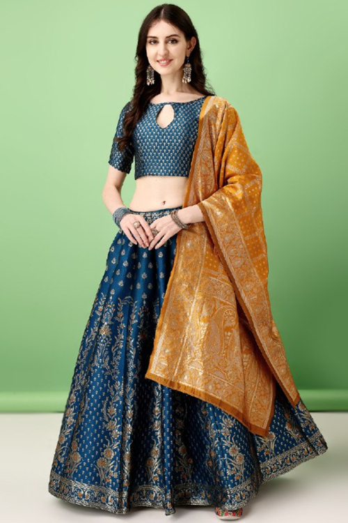 Teal Blue Silk Woven Zari Panelled Style Lehenga