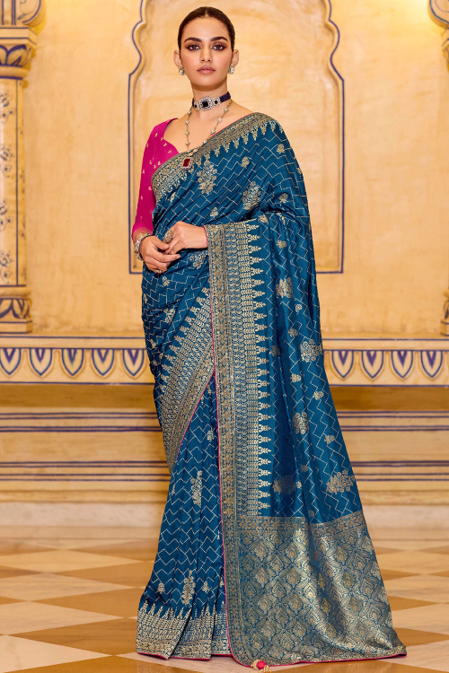 Teal Blue Soft Silk Saree With Woven Zari Work For Festival