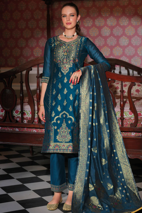 Teal Blue Soft Silk Trouser Suit With Weaved Work For Festival