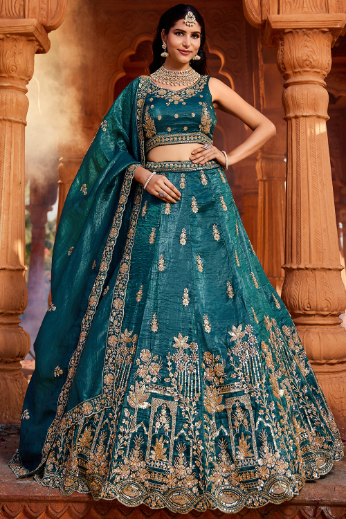 Teal Blue Tissue Lehenga With Beads Work For Weddings
