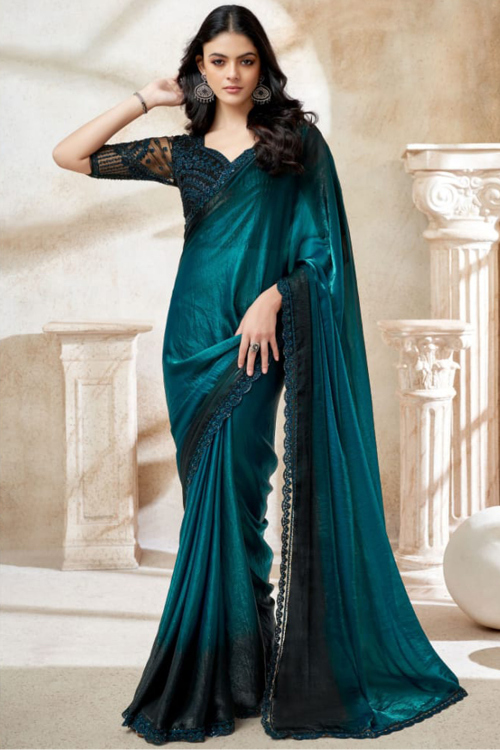 Teal Blue Tissue Silk Saree With Sequins Work For Diwali