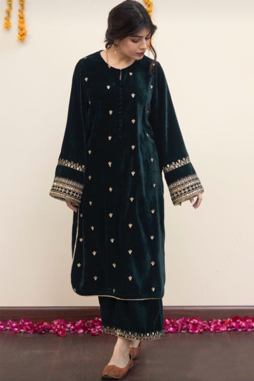 Teal Blue Velvet Embroidered Palazzo Pant Pakistani Suit