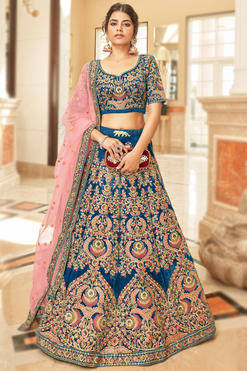 Teal Blue Velvet Embroidered Panelled Style Lehenga
