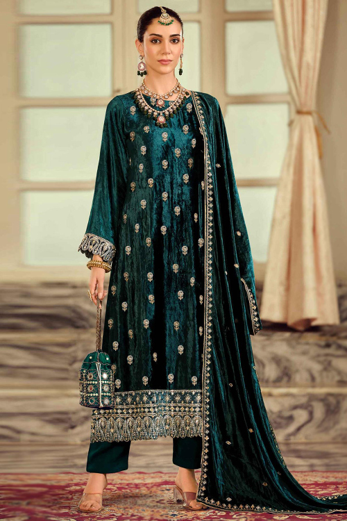 Teal Blue Velvet Embroidered Straight Cut Trouser Suit 